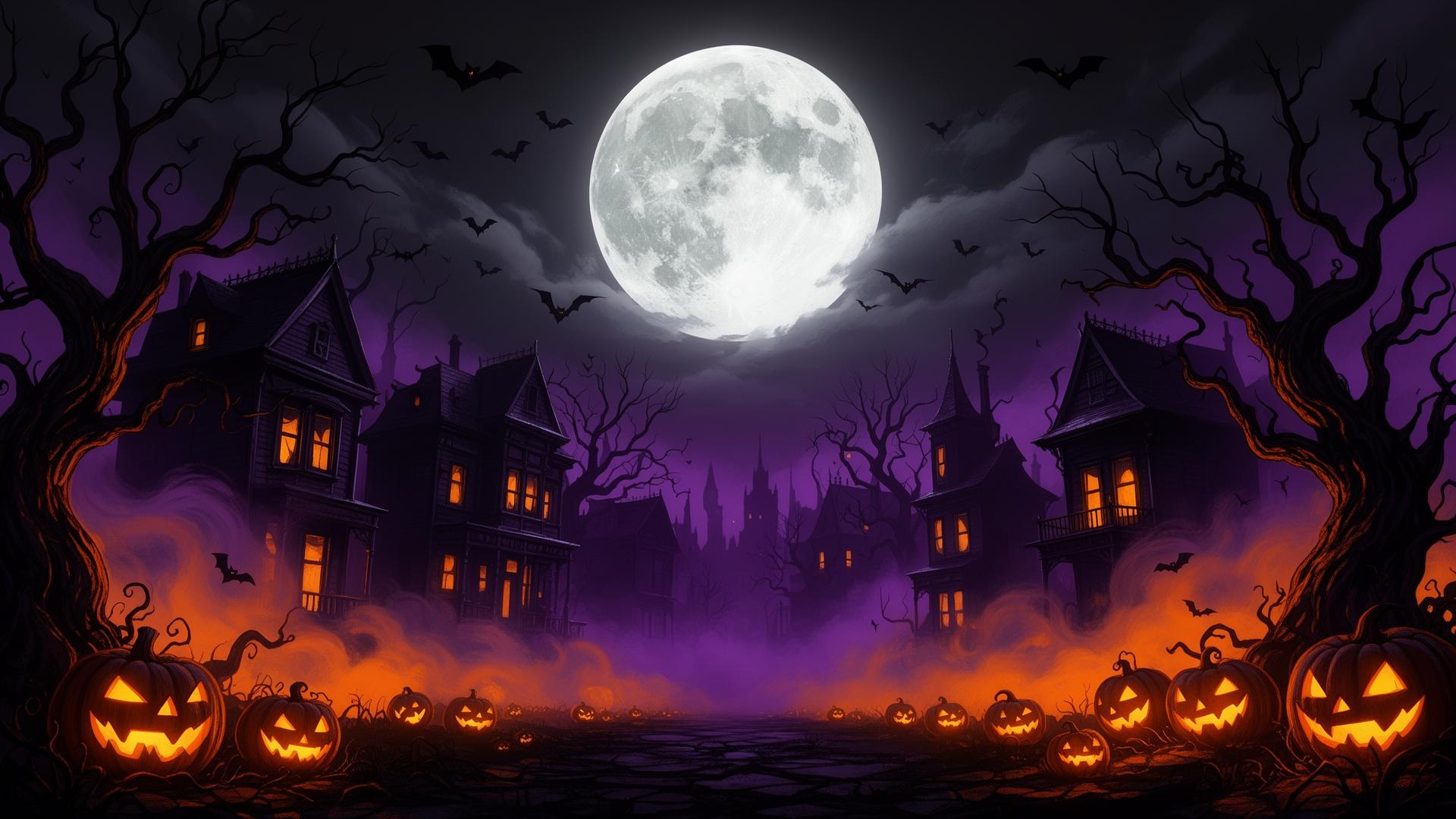 Haunted town under a full moon with jack-o-lanterns